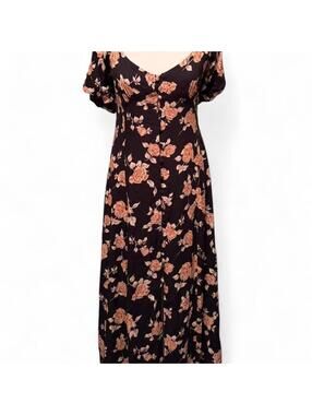 Black Floral Maxi Dress with Peach Rose Print
